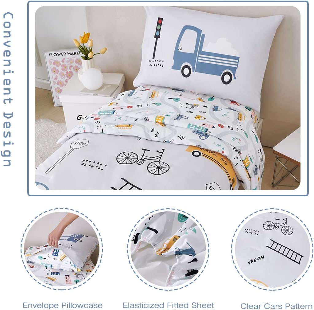 PERFEMET 4 Pcs Toddler Bedding Set - Soft Reversible Cars, Bus, Trucks Print Toddler Bed Set for Boys & Girls - Matching Sheet Set (Light Grey, Taxis/Bus/Trucks)