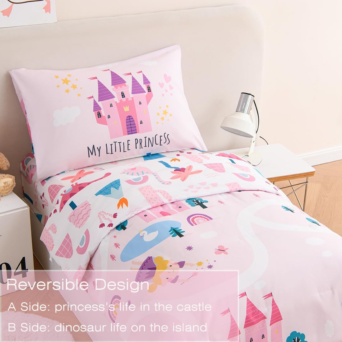 PERFEMET 4 Pieces Girls Toddler Bedding Set Pink Castle Fairy Tales Toddler Comforter Set Reversible Colorful Rainbow Princess Printed Toddler Bed Set with Sheets(Pink, Castle)