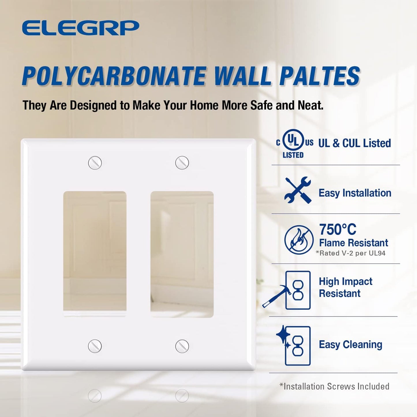 ELEGRP 2-Gang Decorative Wall Plates, Mid-Size 4.88" H x 4.94" L Unbreakable Thermoplastic Faceplate Cover for Decorator Receptacle Outlet Switch, UL Listed (2 Pack, Glossy White)