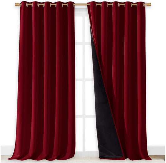NICETOWN Cold Blocking 100% Blackout Curtains, Durable and Soft Black Lined Blackout Drapes, Energy Saving Long Panels for Patio Sliding Glass Door, Burgundy, 70-inch x 108 inches, 2 PCs