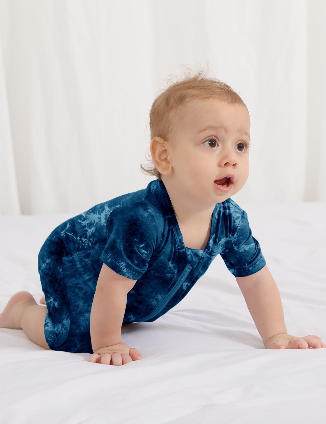 Jimonda Baby Girl Boys Rayon From Bamboo Pajamas 3 Pack Short Sleeve Footless Romper 2 Way Zipper Tie Dye Pjs Sleeper 0-24M