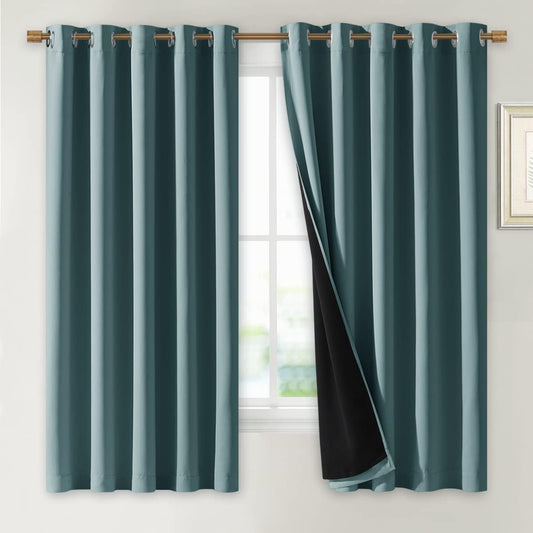 NICETOWN 100% Blackout Lined Curtains, 2 Thick Layers Completely Blackout Window Treatment Thermal Insulated Drapes for Kitchen/Bedroom (Greyish Blue, 1 Pair, 70" Width x 63" Length Each Panel)