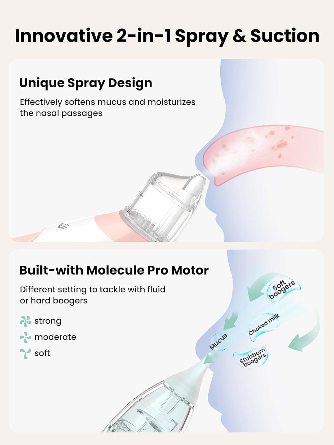 GROWNSY Nasal Aspirator for Baby, 2-in-1 Electric Nose Spray & Suction, Baby Nose Sucker with Powerful Suction, Music and Light Soothing Function, Pink