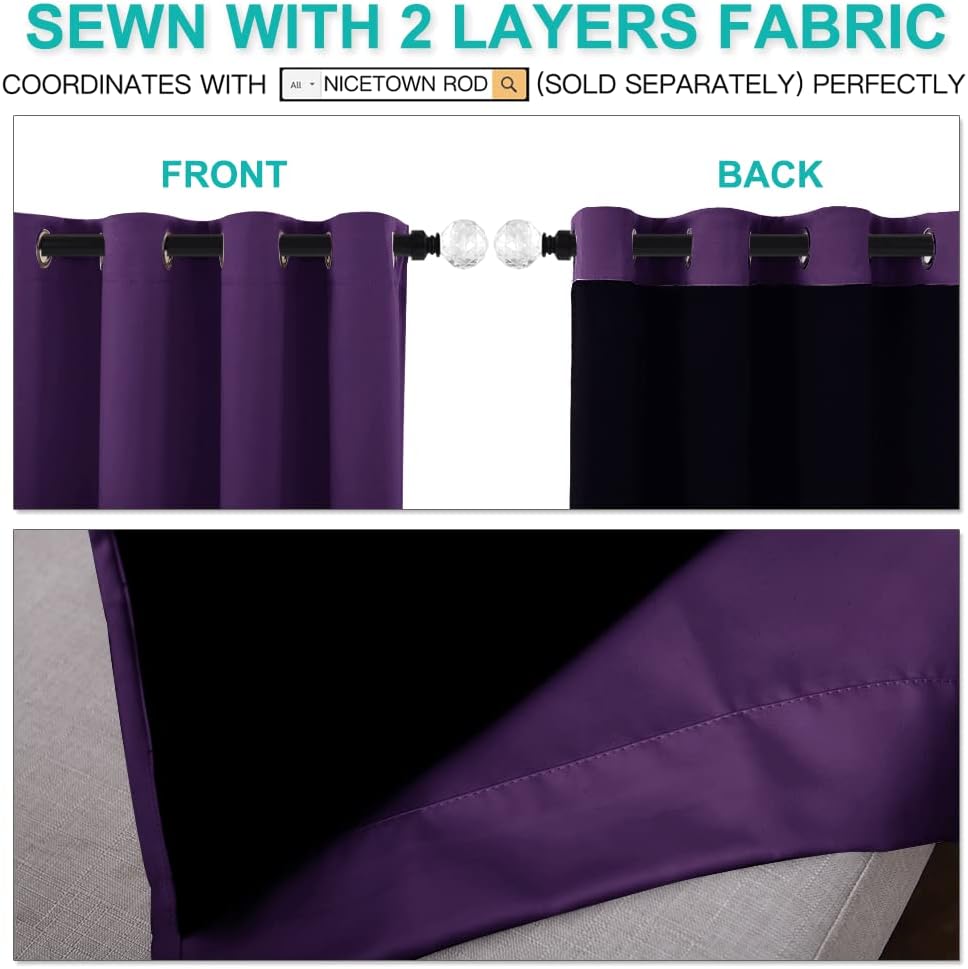 NICETOWN Cold Blocking 100% Blackout Curtains with Black Liner Backing, Thermal Insulated Curtains for Living Room, Noise Reducing Drapes, Royal Purple, 42" Wide x 84" Long Per Panel, Set of 2 Panels