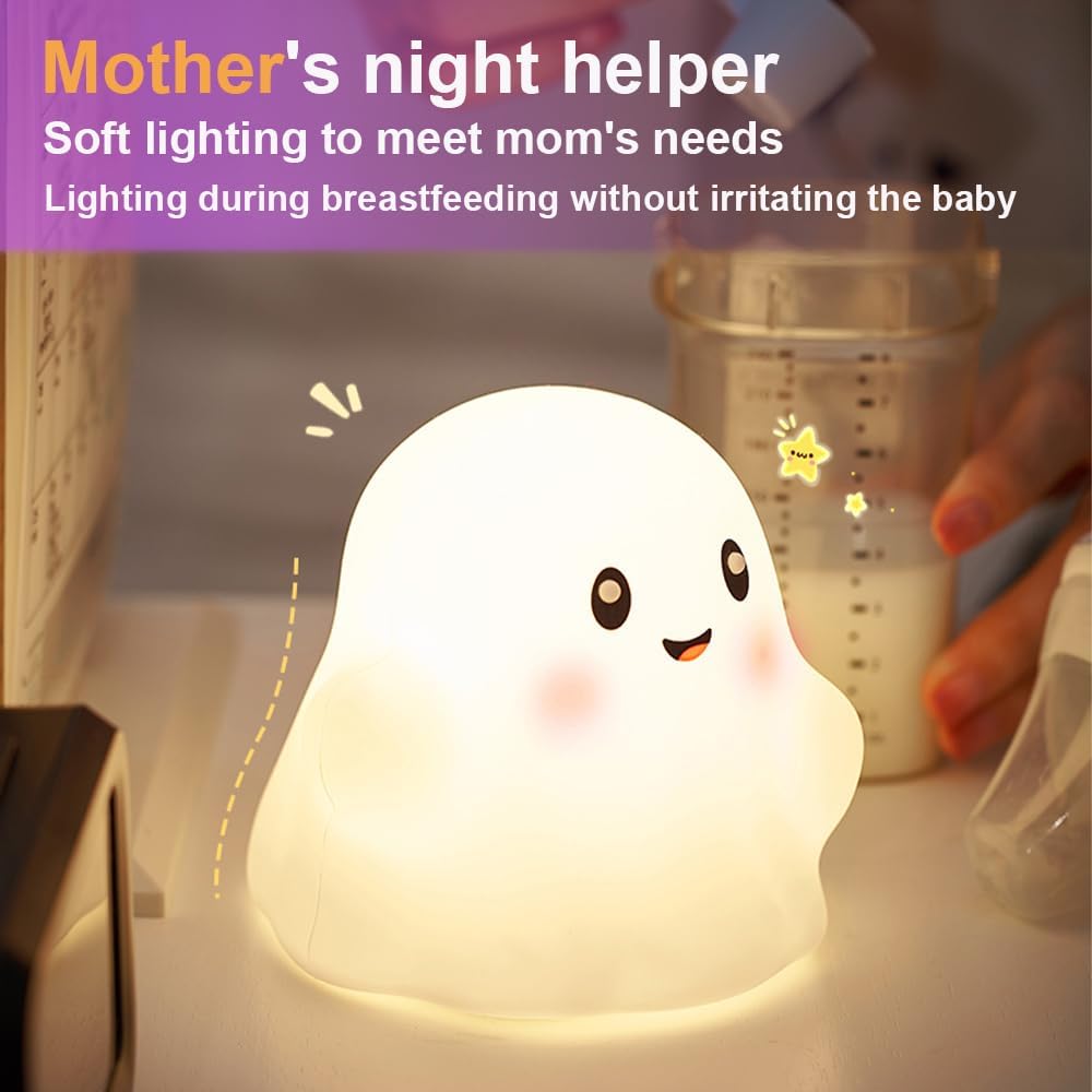 Ghost Night Light for Kids, Silicone Nursery Nightlight with 13 Interactive Sound Effects ,Halloween Decor Lamp Adjustable Dimmable Lamp with Touch Sensor Children's Christmas Gifts (white ghost 1)
