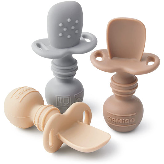 SAMiGO Silicone Baby Spoons Self Feeding 6+ Months - Infant Toddler Utensils - First Stage Baby Led Weaning Feeding Supplies - Set of 3 Pack