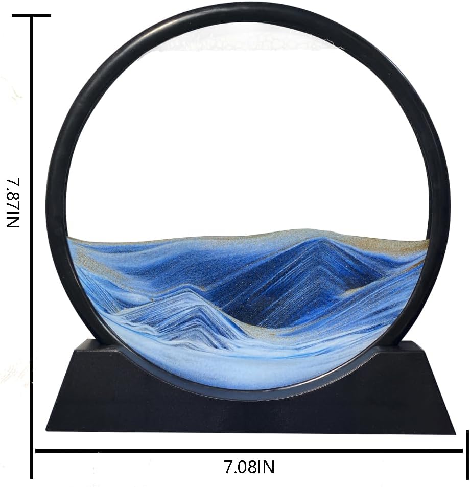 Aoderun Moving Sand Art Picture Round Glass 3D Deep Sea Sandscape in Motion Display Flowing Sand Frame Relaxing Desktop Home Office Work Decor (7", Blue)