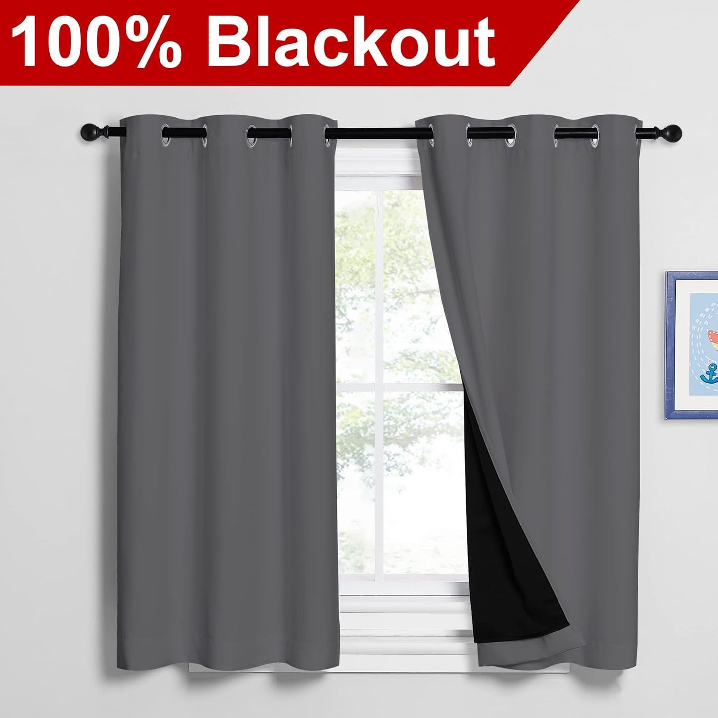 NICETOWN Grey 100% Blackout Curtains 2 Panels with Black Liners, Thermal Insulated Full Blackout 2-Layer Lined Drapes, Noise Cancellation Window Draperies for Dining Room (42-inch W by 54-inch L)