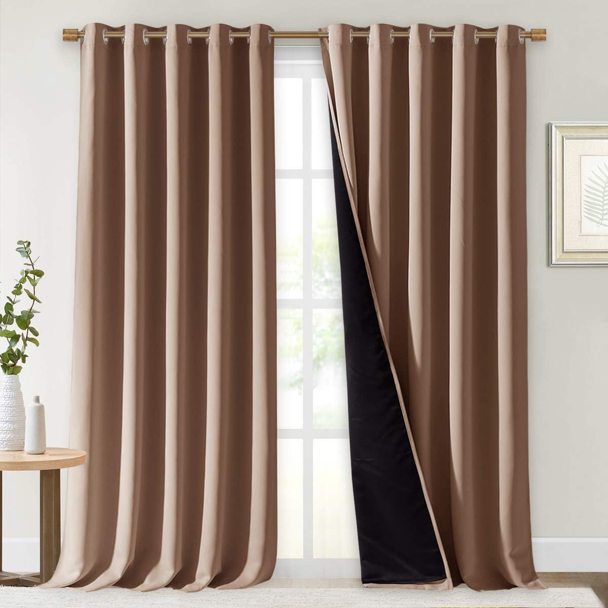 NICETOWN Extra Long Truly Blackout Drapes for Hall and Villa, 100% Blackout Window Curtain Panels with Black Lined for Night Shift Worker, 70-inch Width x 108-inch Length, Cappuccino, 2 Pieces