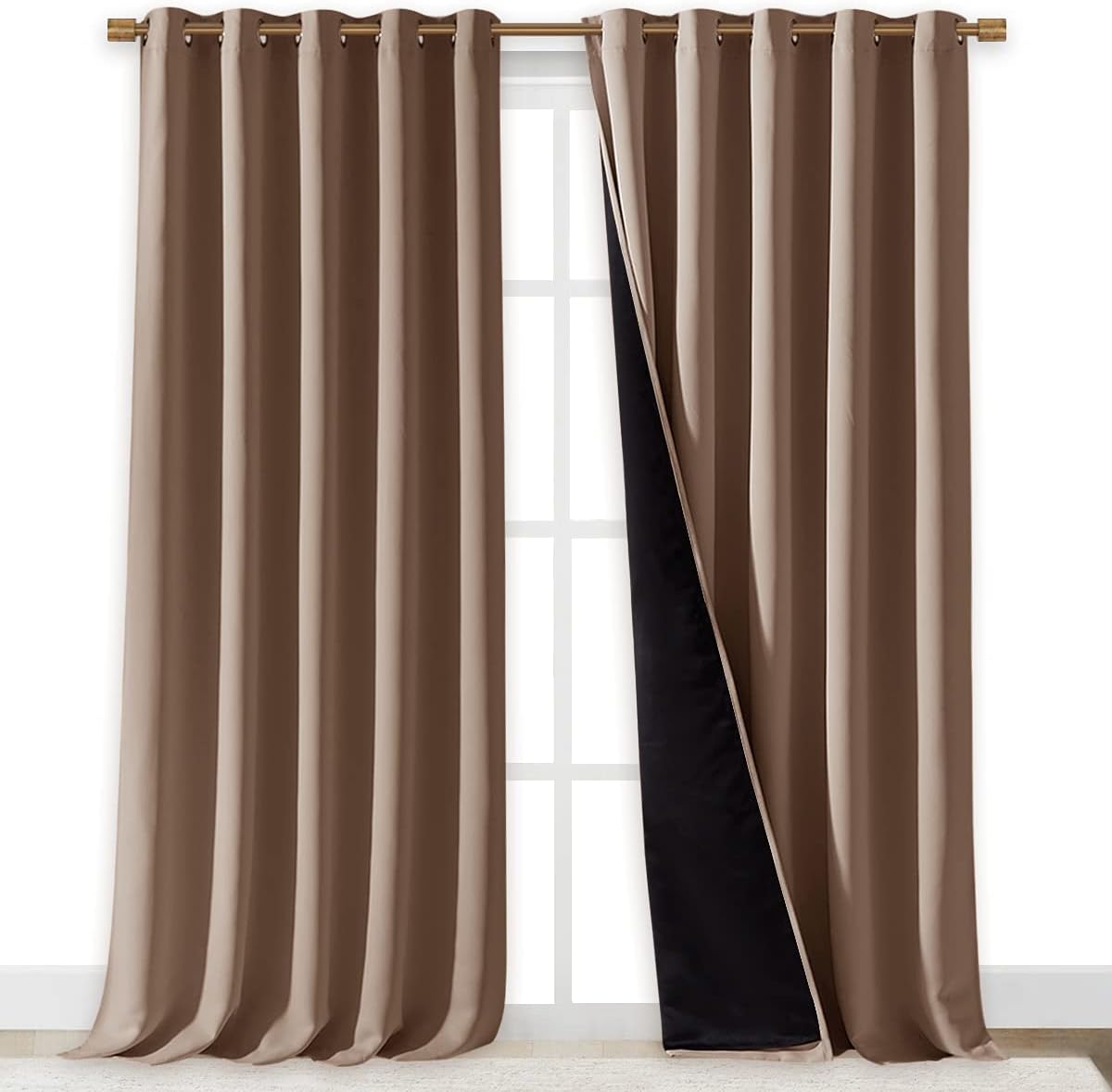 NICETOWN Warm Curtains for Winter, Complete Blackout Shades for Large Window Door, 100% Blackout Curtain Panels with Black Lined, 70 inches Width Each Panel, 95 inches Length, Cappuccino, 2 Pieces