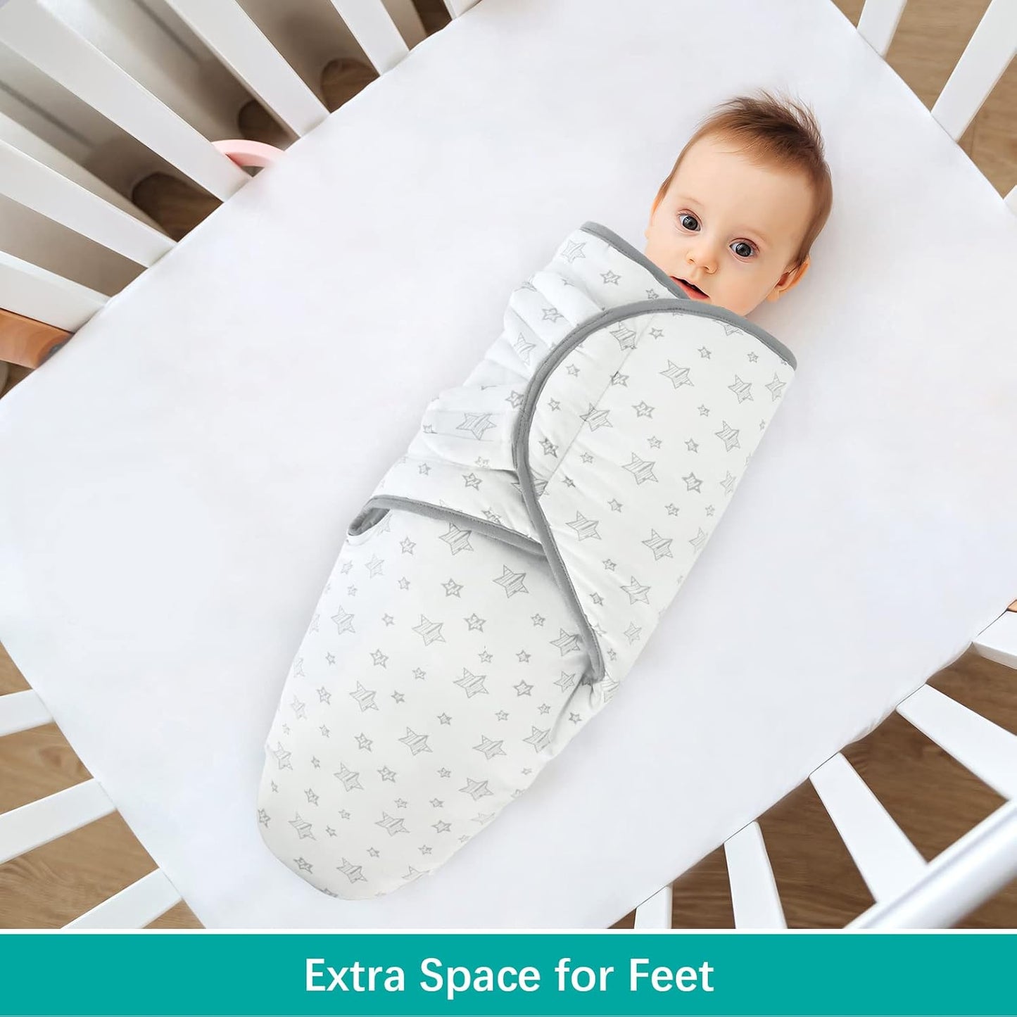 Biloban Baby Swaddles 0-3 Months for Boy Girls, Warm Quilted Baby Swaddle, Newborn Swaddle, Adjustable Swaddle Blanket, Lovely White Stars, 1 Pack