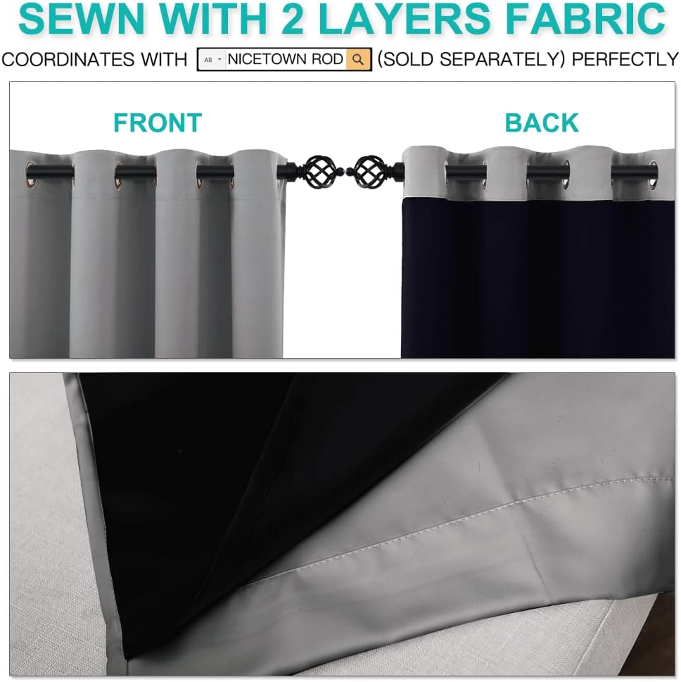 NICETOWN 100% Blackout Blinds, Laundry Room Decor Window Treatment Curtains for Large Patio Sliding Door, Thermal Insulated Silver Grey Curtains for Bedroom, Set of 2, 52 inches x 108 inches