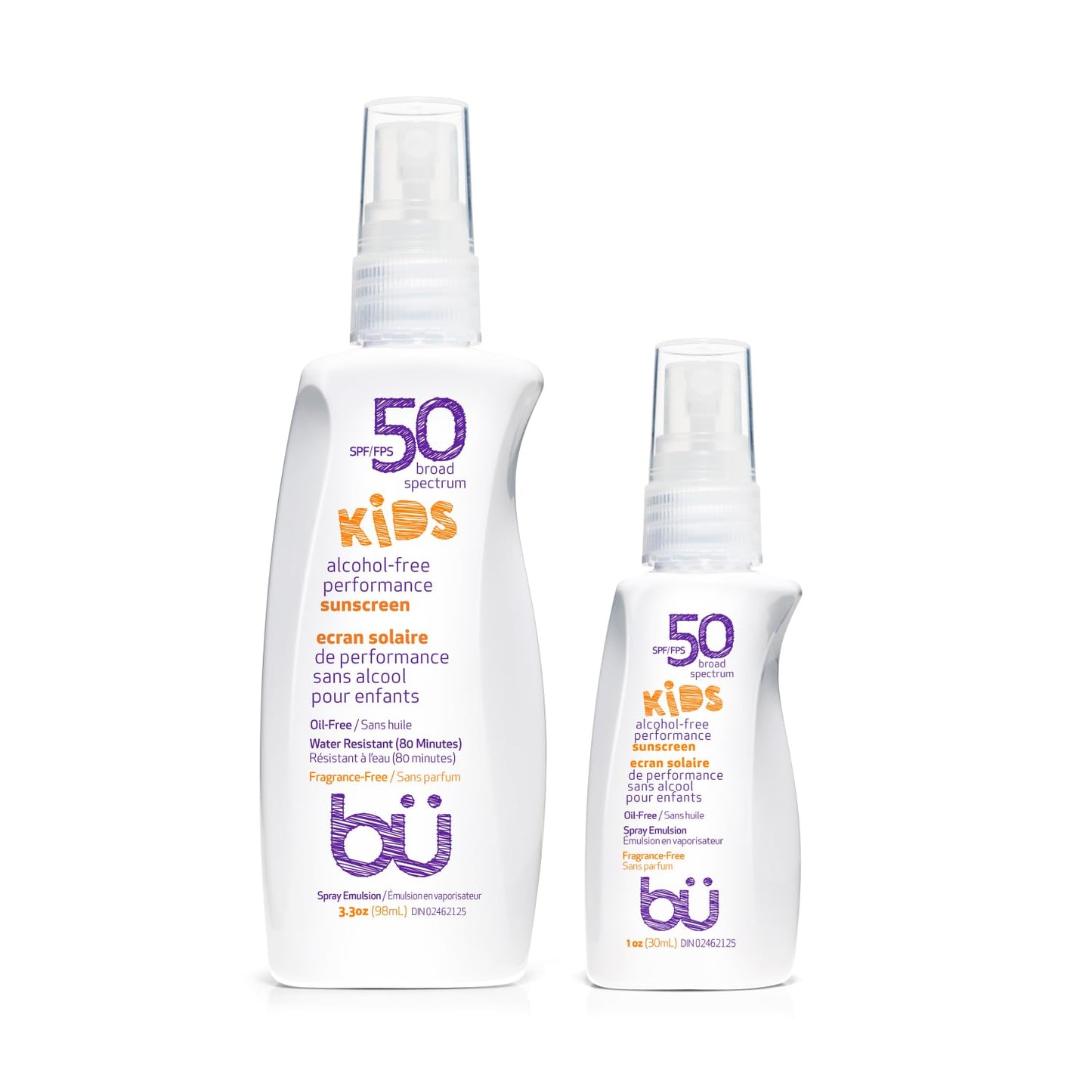 BU SPF 50 Fragrance Free Kids Sunscreen Spray for Face and Body, TSA Travel Size Sunscreen, Clear Non Aeorsol Spray, Non Greasy, Water Resistant and Oil Free, 3.3 oz and 1 oz (2-Piece Bundle)