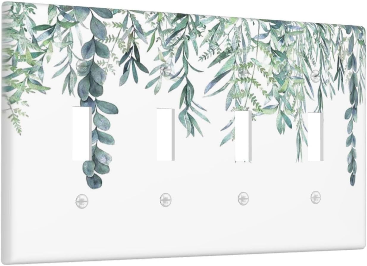 Eucalyptus Leaves Greenery Vine Flowers Simplicity Light Switch Covers Quad Toggle Electrical Faceplate 4 Gang Wall Plate Decorative Switch Plates for Bed Room Living Room Decor