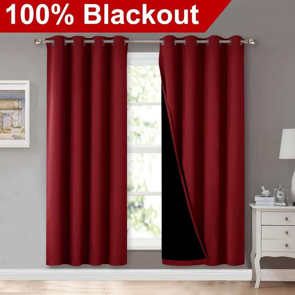 NICETOWN Living Room Completely Shaded Draperies, Privacy Protection & Noise Reducing Ring Top Drapes, Black Lined Insulated Decorative Curtain Panels(Burgundy Red, 2 Pieces, W52 x L72)