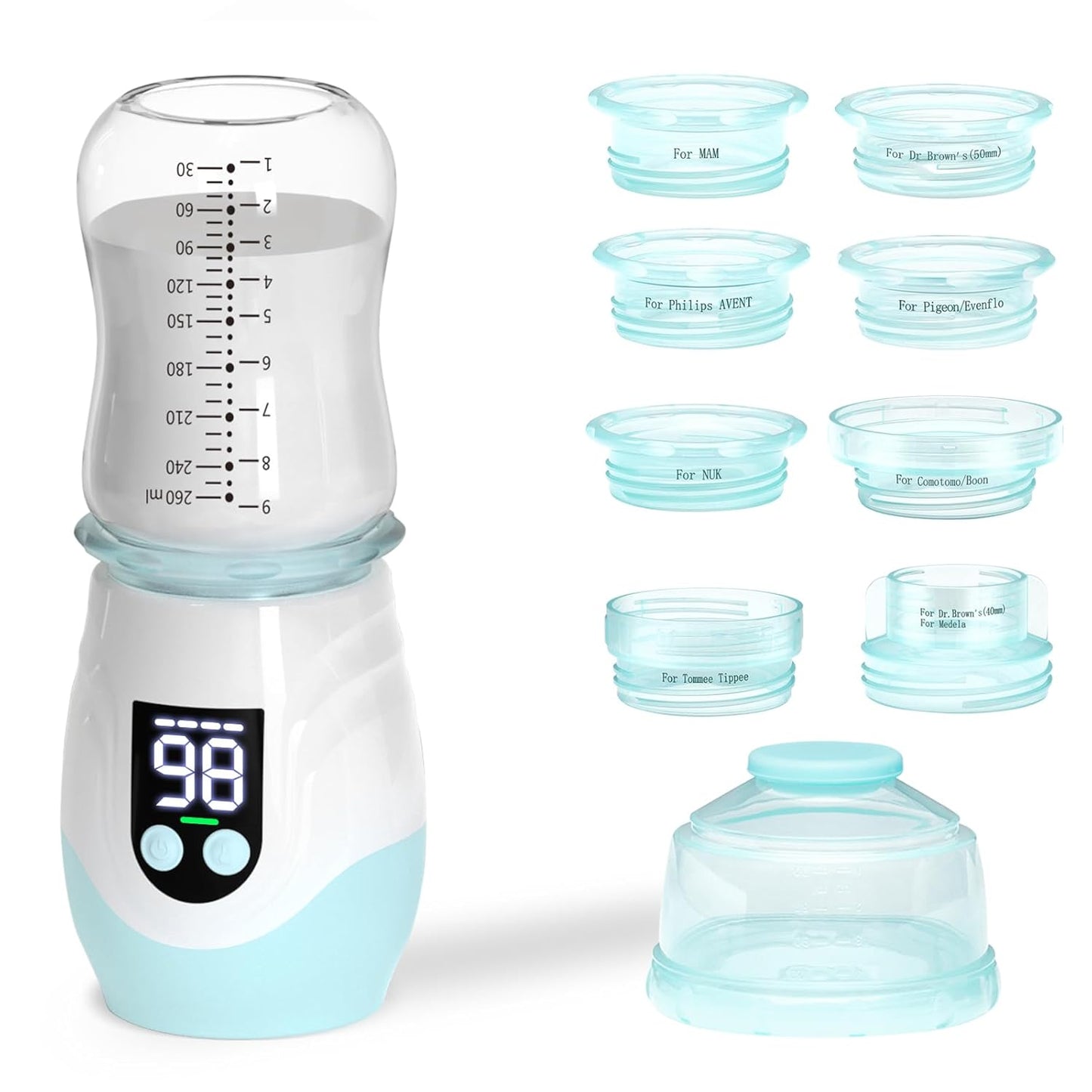 Portable Cordless Baby Bottle Warmer for Travel, Rechargeable with 8 Adapters & 1 Milk Powder Container, Safe Material, Fast Heating, Compatible with Major Brands,Blue