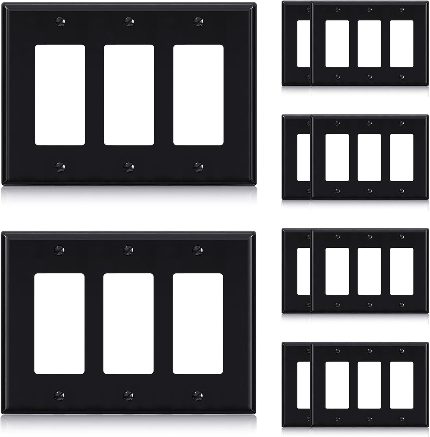 ELEGRP 3-Gang Decorative Wall Plates, Mid-Size 4.88" H x 6.75" L Unbreakable Thermoplastic Faceplate Cover for Decorator Receptacle Outlet Switch, UL Listed (10 Pack, Glossy Black)