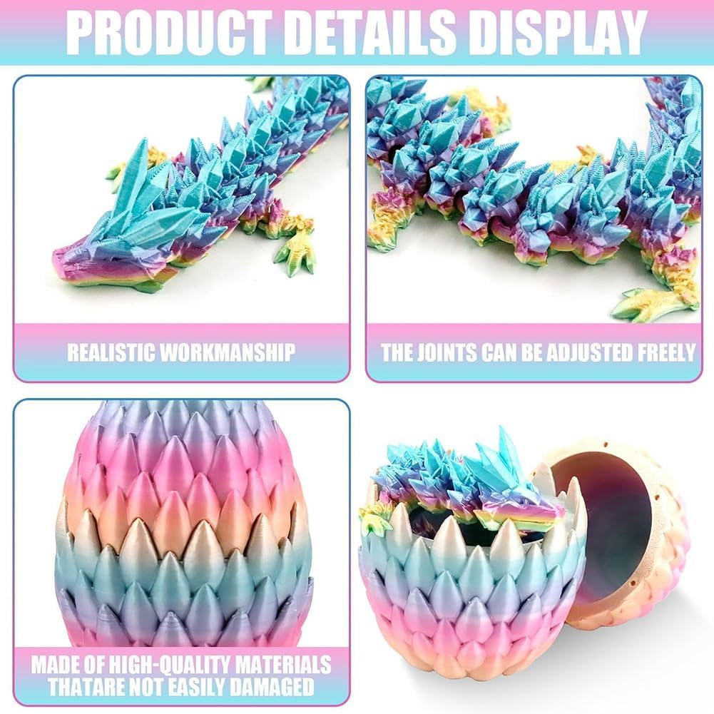 3D Printed Dragon Egg, Mystery Crystal Dragon Egg Fidget Toys Surprise, Easter Eggs Articulated Crystal Dragon Eggs with Dragon Inside (A-Rainbow)