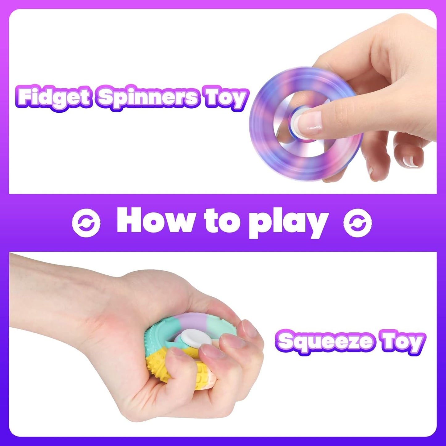 2Pcs Fidget Spinners,Squeeze Round Grip Ring Toy，Multi-Color Silicone Stress Relief Decompression Fingertip Spinner Gift for Kids, Sensory Bath Toys for 3-14 Year Old