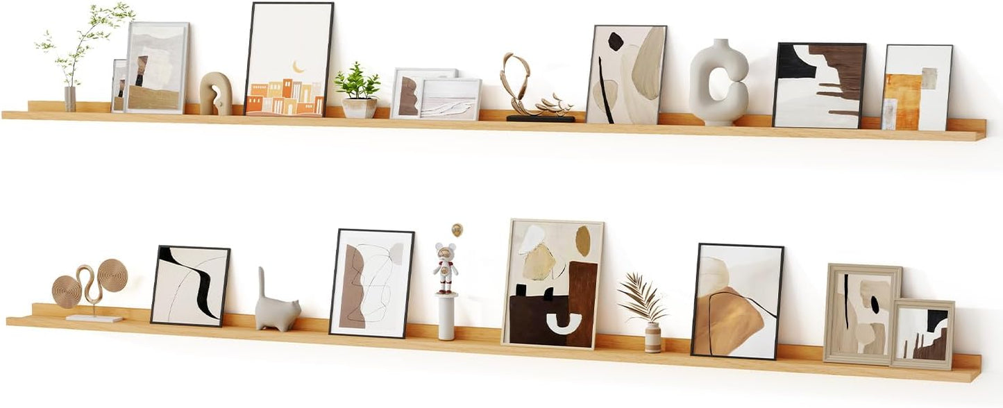 Floating Picture Ledge Shelves for Wall Set of 2, 95 Inches Picture Ledge Shelf with Long Large Nursery Book Shelf for Toys Storage Kids Bookshelf Wall Mounted Living Room Bedroom Decor Frames, Oak