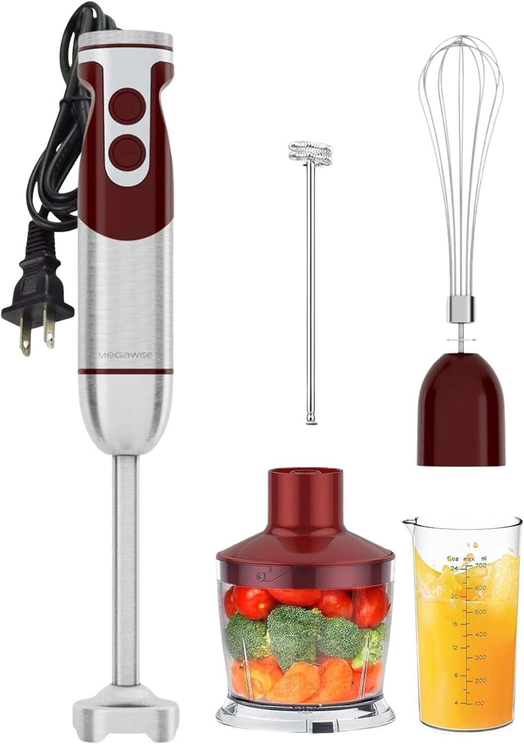 MegaWise 5-in-1 Hand Blender Set with Variable Speed Control, 400W Immersion Blender - Includes Whisk, Milk Frother, Chopper, and Beaker for Smoothies, Soups, and Baby Food (RED)