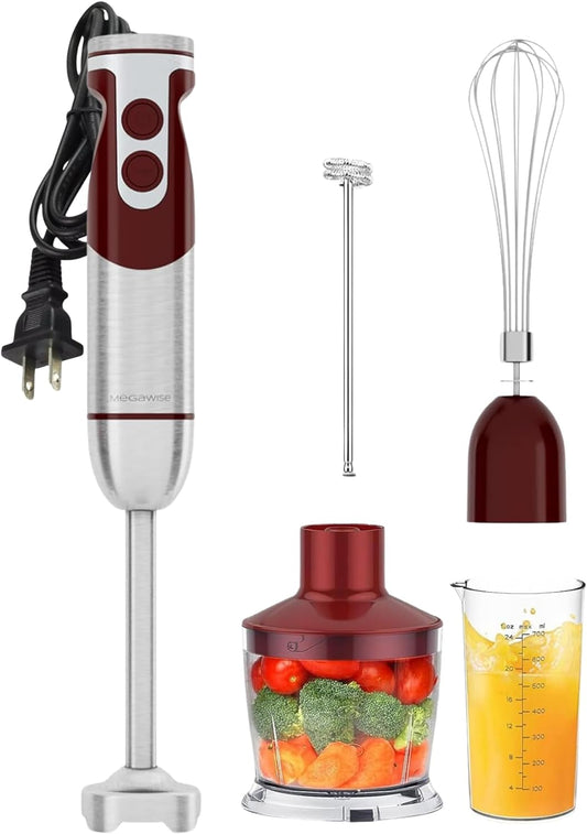 MegaWise 5-in-1 Hand Blender Set with Variable Speed Control, 400W Immersion Blender - Includes Whisk, Milk Frother, Chopper, and Beaker for Smoothies, Soups, and Baby Food (RED)