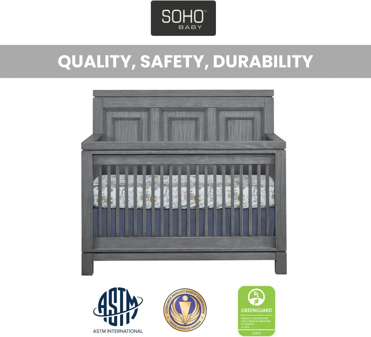 Soho Baby Manchester Premium 4-in-1 Convertible Crib, Flat-Top Headboard, Rustic Gray, GreenGuard Gold Certified