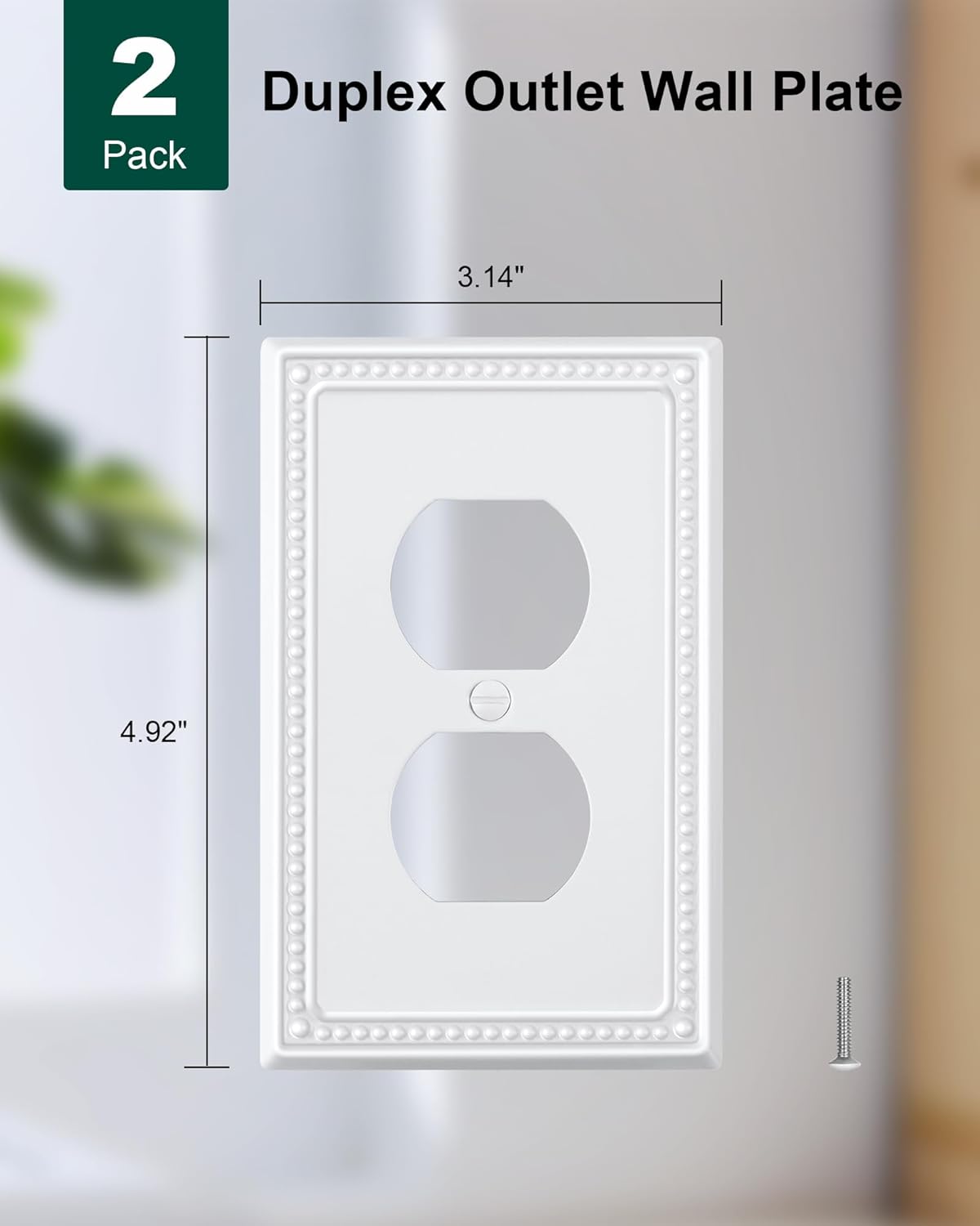 2-Pack Duplex Outlet Cover Plate, Pure White Metal Wall Plates for Electrical Outlets, 1 Gang Receptacle Light Switch Cover, Pearls Decorative Switch Plates and Outlet Covers