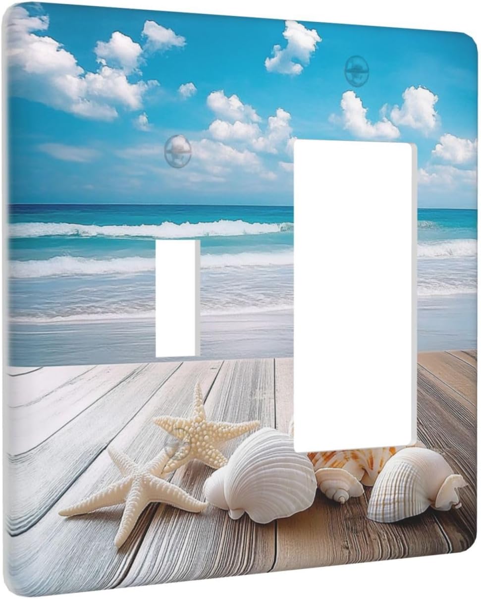 Outlet Covers Beach Waves Brown Wood Starfish Shells 1 Toggle 1 Rocker Combination Decorative Wall Plate Electrical Switch Plates Light Switch Cover Plate For Bathroom Living Room Decor