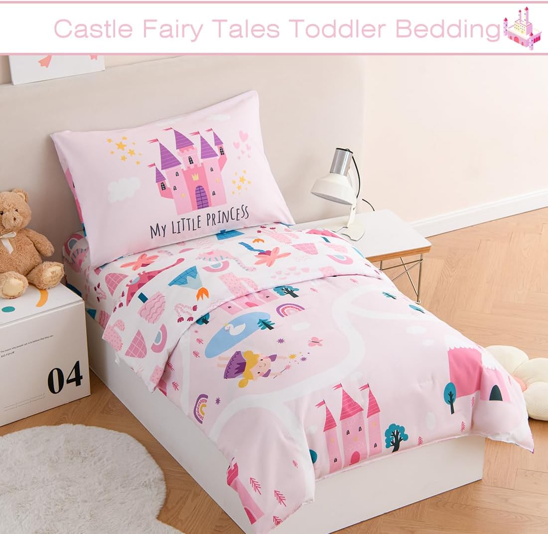 PERFEMET 4 Pieces Girls Toddler Bedding Set Pink Castle Fairy Tales Toddler Comforter Set Reversible Colorful Rainbow Princess Printed Toddler Bed Set with Sheets(Pink, Castle)