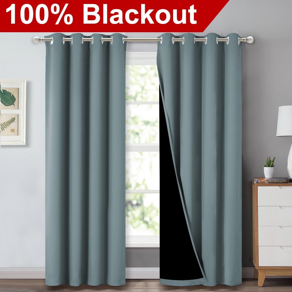 NICETOWN 100% Blackout Curtains for Bedroom 84 incehs Long, Privacy Protection & Noise Reducing Full Shade Drapes with Black Liner, Insulated Window Treatment, 2 Pieces, 52" W per Panel, Stormy Sea