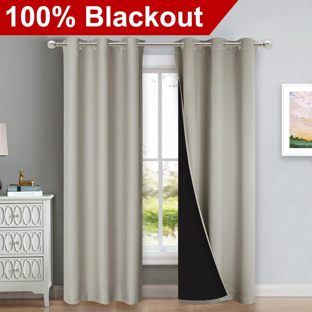 NICETOWN Natural Blackout Curtains 84 inches Long, Full Light Blocking Drapes with Black Liner for Nursery, Thermal Insulated Draperies for Hall, Villa (2 Pieces, 42" Wide Each Panel, Natural)