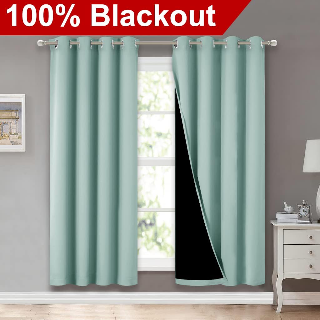 NICETOWN 100% Blackout Window Curtain Panels, Full Light Blocking Drapes with Black Liner for Nursery, 72-inch Drop Thermal Insulated Draperies (Aqua Blue, 2 Pieces, 52-inch Wide Per Panel)