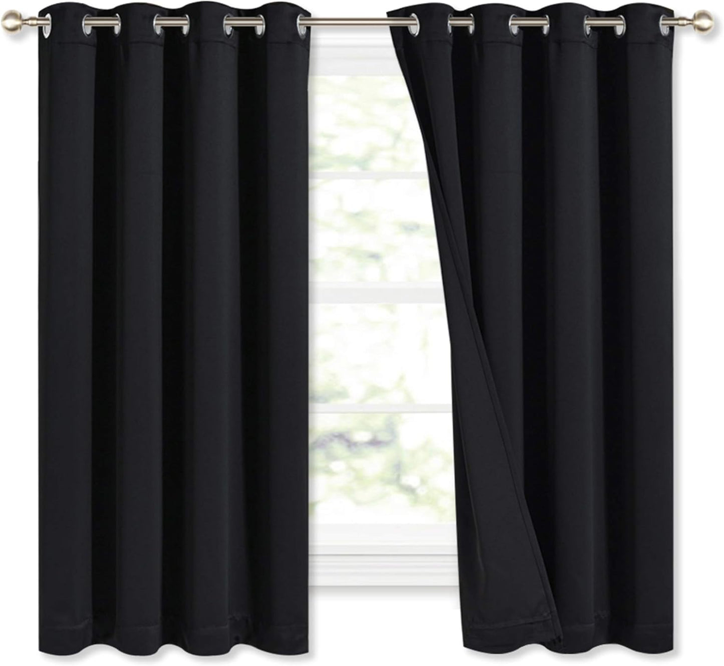 NICETOWN Complete 100% Blackout Curtains, Thermal Insulated Energy Efficiency Window Draperies with Black Liner, Noise Reducing Short Curtains for Kids Room (Black, 52-inch W by 63-inch L, 2 Panels)