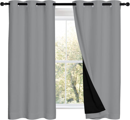 NICETOWN Silver Grey 100% Blackout Curtains 54 inches Long, Thermal Insulated Full Blackout 2-Layer Lined Drapes, Noise Cancellation Window Draperies for Dining Room (2 Panels, 42-inch W)