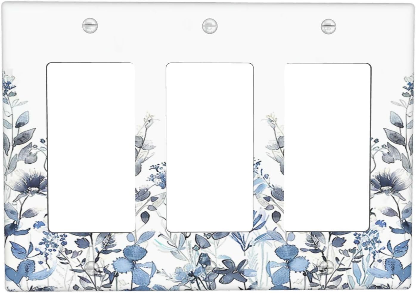 Light Switch Covers Light Blue Watercolor Leaves Plant With Floral 3 Gang Rocker Electrical GFCI Decorative Triple Outlet Wall Plate Cover Switchplate for Bedroom Bathroom Decor
