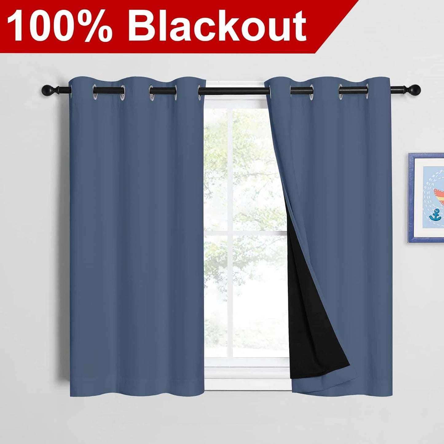 NICETOWN Stone Blue 100% Blackout Curtains with Black Liners, Thermal Insulated Full Blackout 2-Layer Drapes, Energy Efficiency Window Draperies for Boy's Room (2 Panels, 42-inch W by 45-inch L)