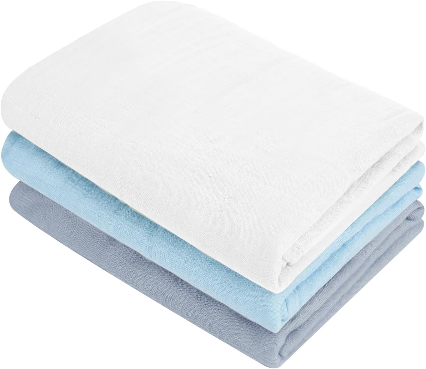 Muslin Swaddle Blankets, Nursery Receiving Blanket for Newborn, Baby Swaddle Wrap Soft Silky & Breathable, 3 Packs, 47 X 47In (White & Blue 3 Pieces)