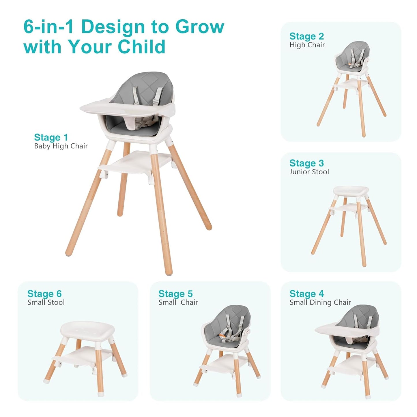 Baby High Chair, 6 in 1 Wooden Convertible High Chairs for Babies and Toddlers, Booster Seat with Double Tray & Reversible Footrest Baby Highchair, 5-Point Harness Baby Feeding Chair, Grey