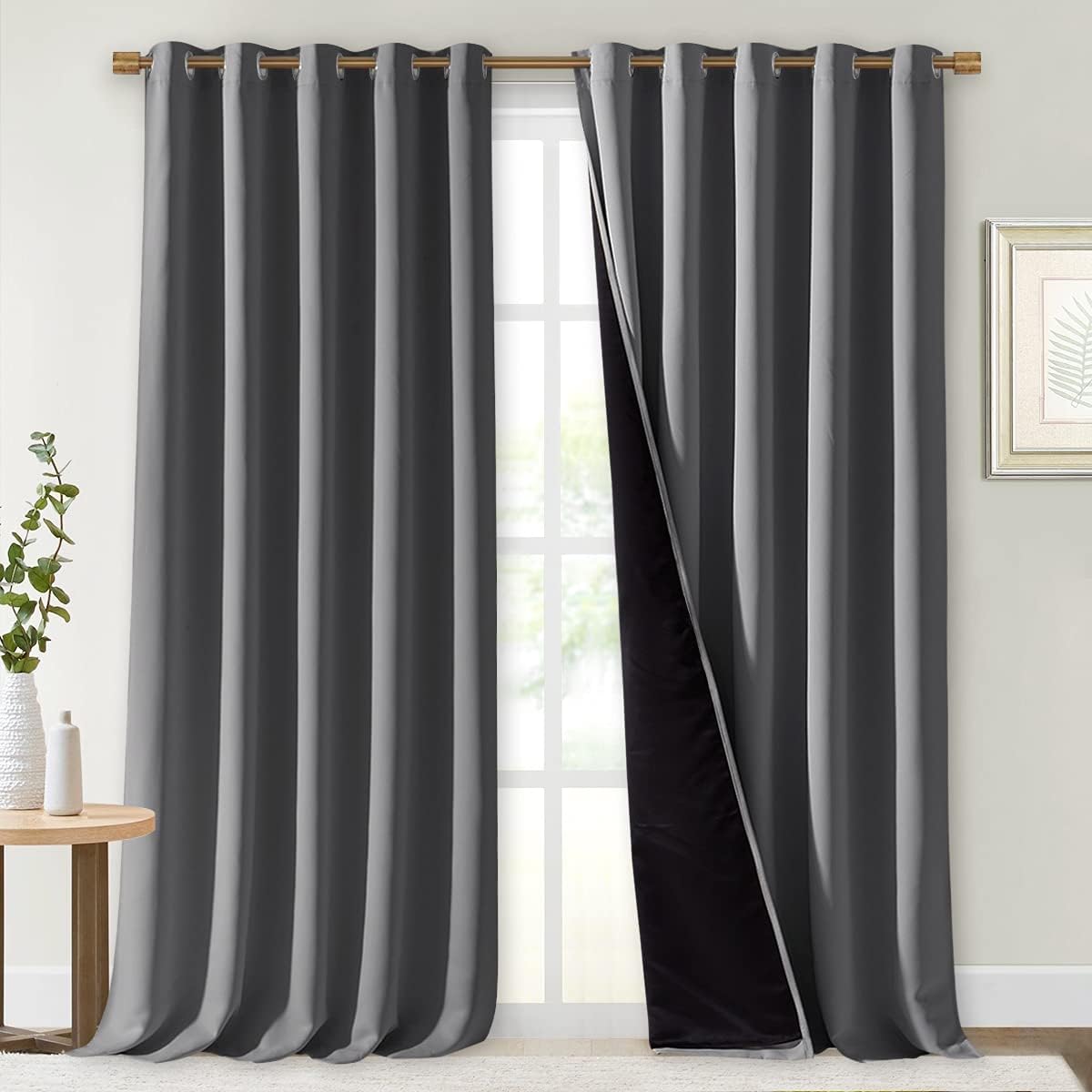 NICETOWN Total Shade Curtains and Draperies, Heavy-Duty Full Light Shading Drapes with Black Liner Backing for Villa/Hall/Dorm Window（Gray, Package of 2 Panels, 70 inches Wide x 95 inches Long