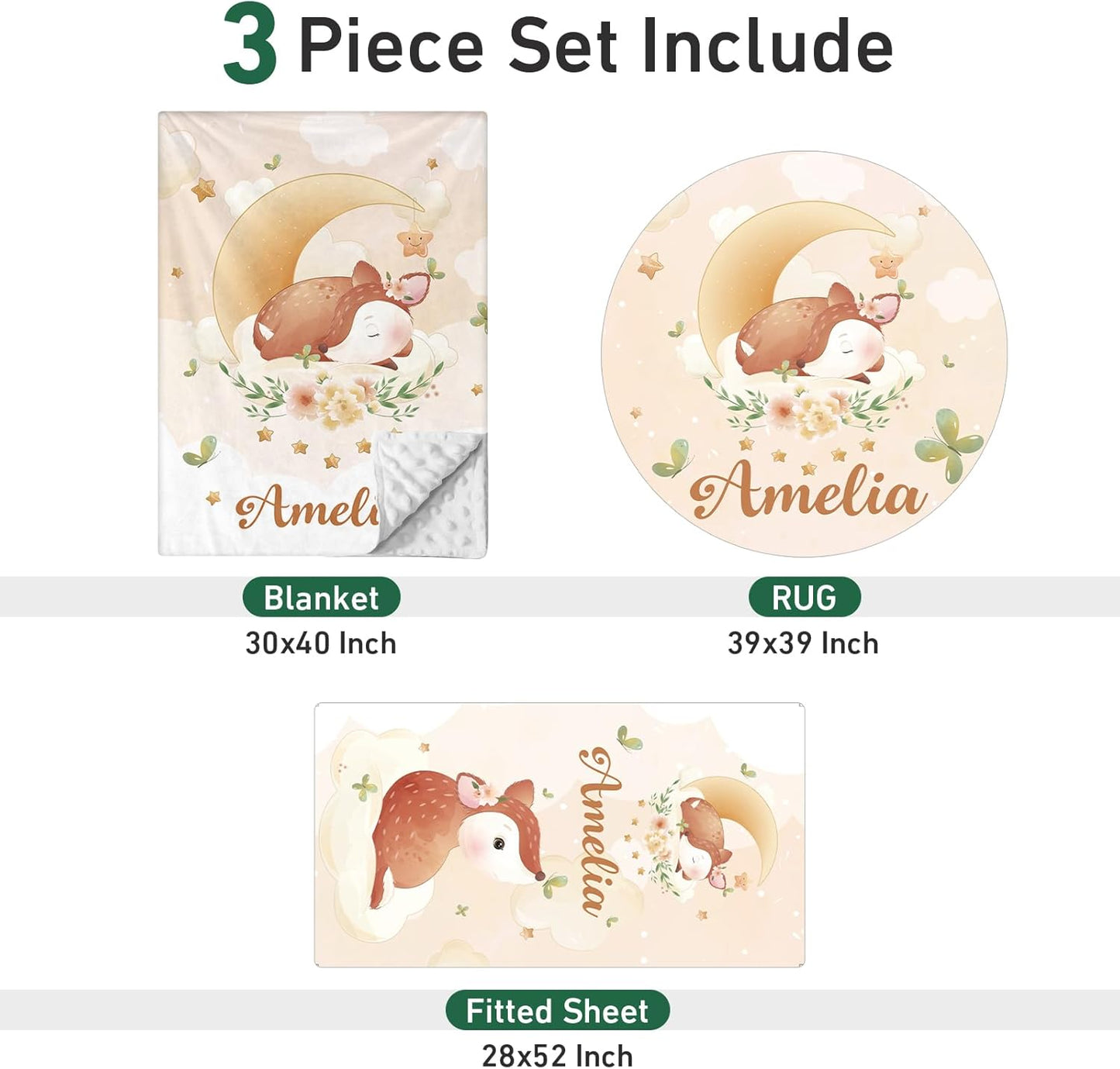 Personalized Baby Crib Bedding Set - Custom Name Fox Pattern 3 Pcs Set - Soft Blanket with Double Layer Dotted Backing, Fitted Sheet, Room Rug for Newborns Boys Girls Shower Gift