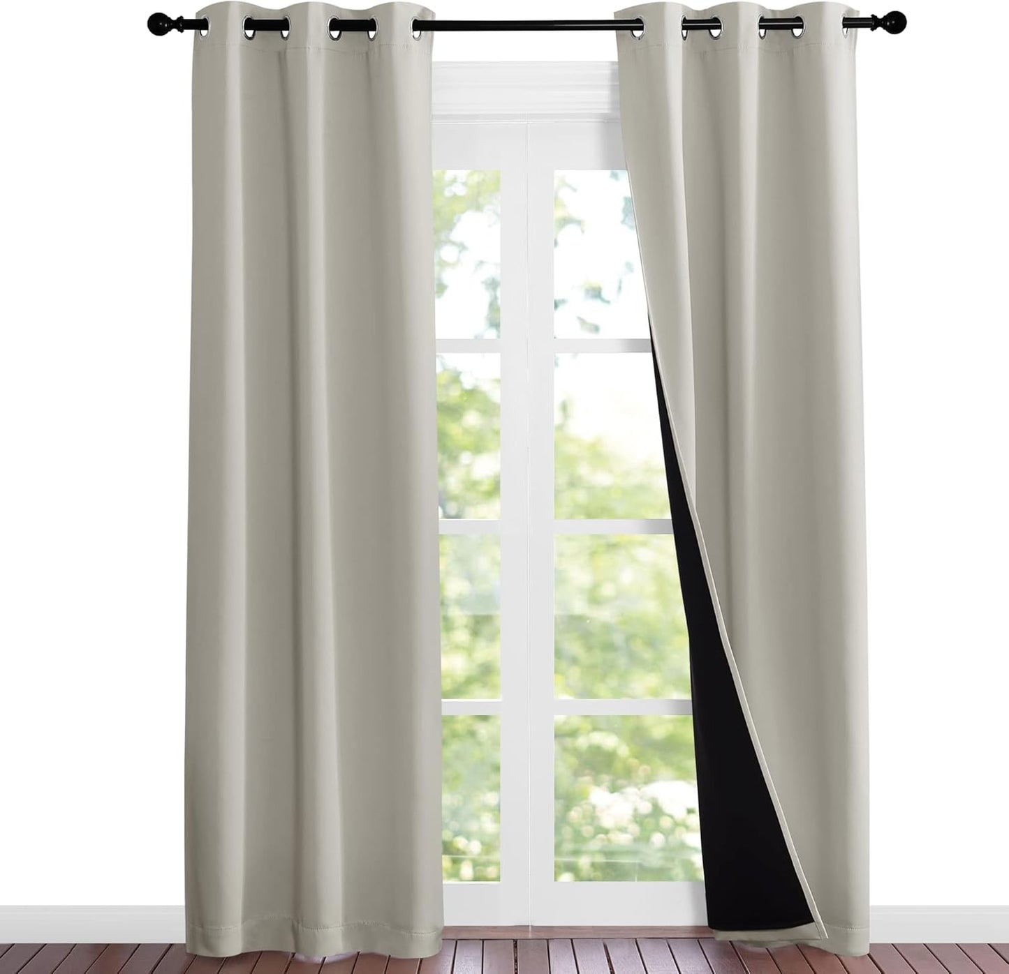 NICETOWN Natural Blackout Curtains 80 inches Long, 2 Pieces, 37" Wide Each Panel, Full Light Blocking Drapes with Black Liner for Nursery, Noise Reducing Thermal Insulated Draperies for Doorway