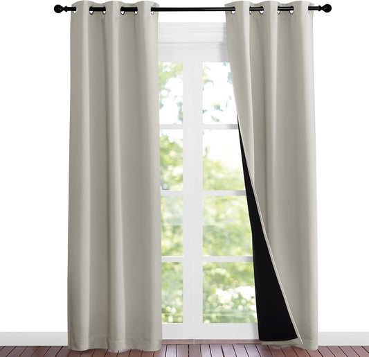 NICETOWN Natural Blackout Curtains 80 inches Long, 2 Pieces, 37" Wide Each Panel, Full Light Blocking Drapes with Black Liner for Nursery, Noise Reducing Thermal Insulated Draperies for Doorway