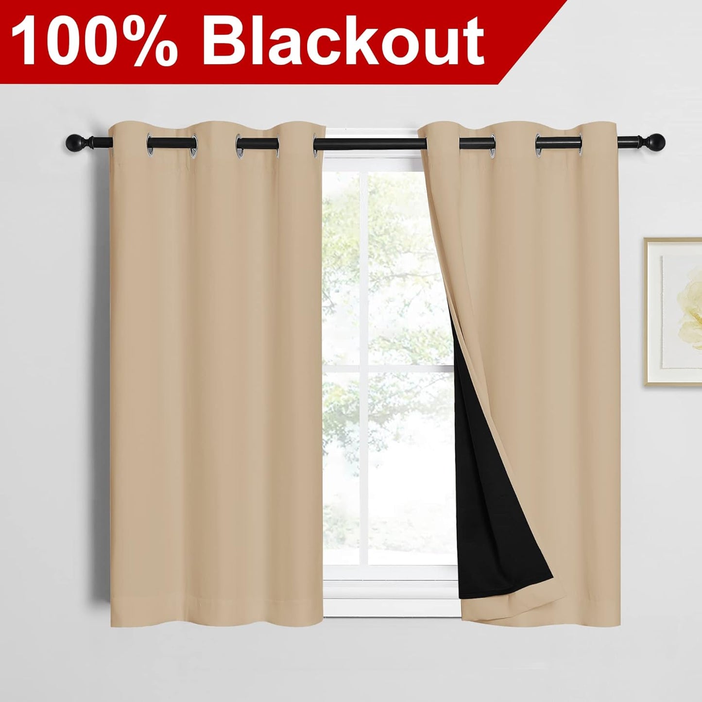 NICETOWN Biscotti Beige Bedroom Full Blackout Curtain Panels, Super Thick Insulated Window Covers, Complete Blackout Draperies with Black Liner for Short Window(Set of 2, 42 by 45-inch)
