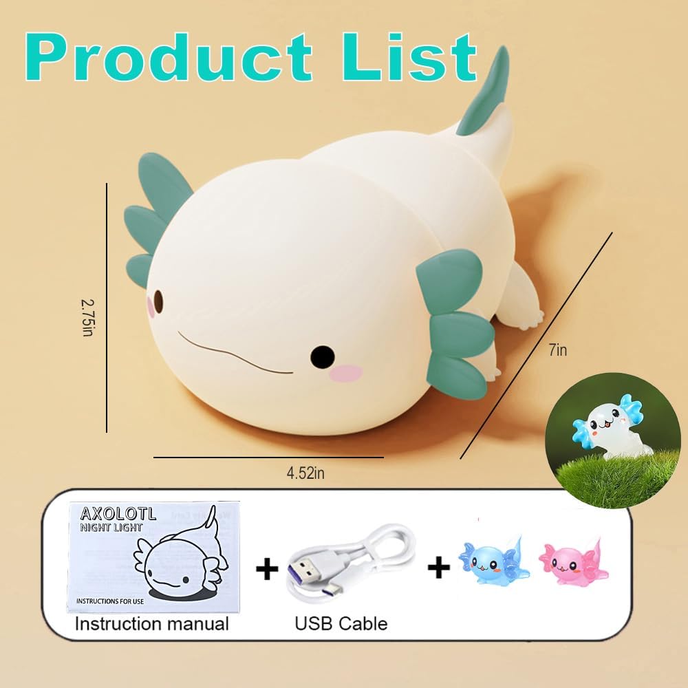 Cute Axolotl Night Light for Kids Bedroom, Animal Silicone Nursery Night Lamp Touch Control Nightlights USB Rechargeable Bedside Lamp for Baby Children Toddlers Girls Gift