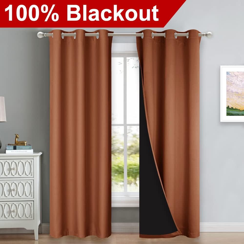 NICETOWN Burnt Orange Blackout Curtains 80 inches Long, Full Light Blocking Drapes with Black Liner for Nursery, Thermal Insulated Draperies for Hall, Villa (2 Pieces, 42" Wide Each Panel)
