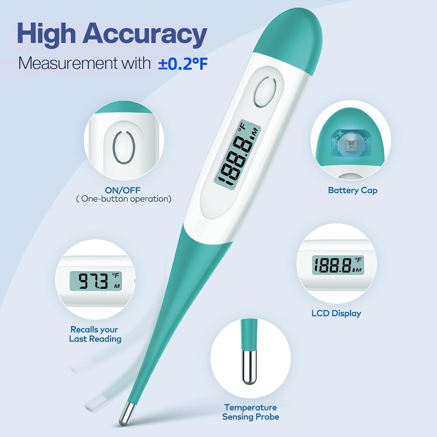 Boncare 10 Seconds Digital Thermometer for Adults and Kids - Accurate & Safe Rectal Thermometer for Baby with Fever Alarm, Oral Thermometer (Clear Blue)