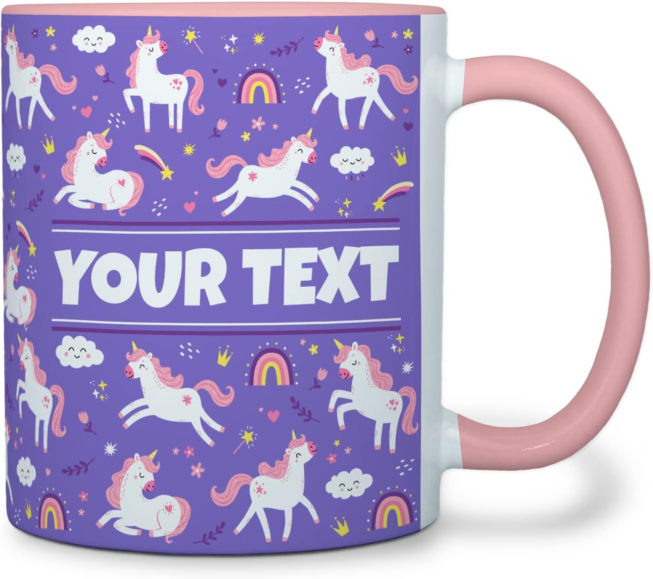 Personalized Mug for Kids - Purple Unicorn - Custom Name/Text, Ceramic Hot Chocolate/Cocoa/Coffee Cup for Girls, Birthday/Christmas/Holiday Gift - 11 oz, Pink Handle