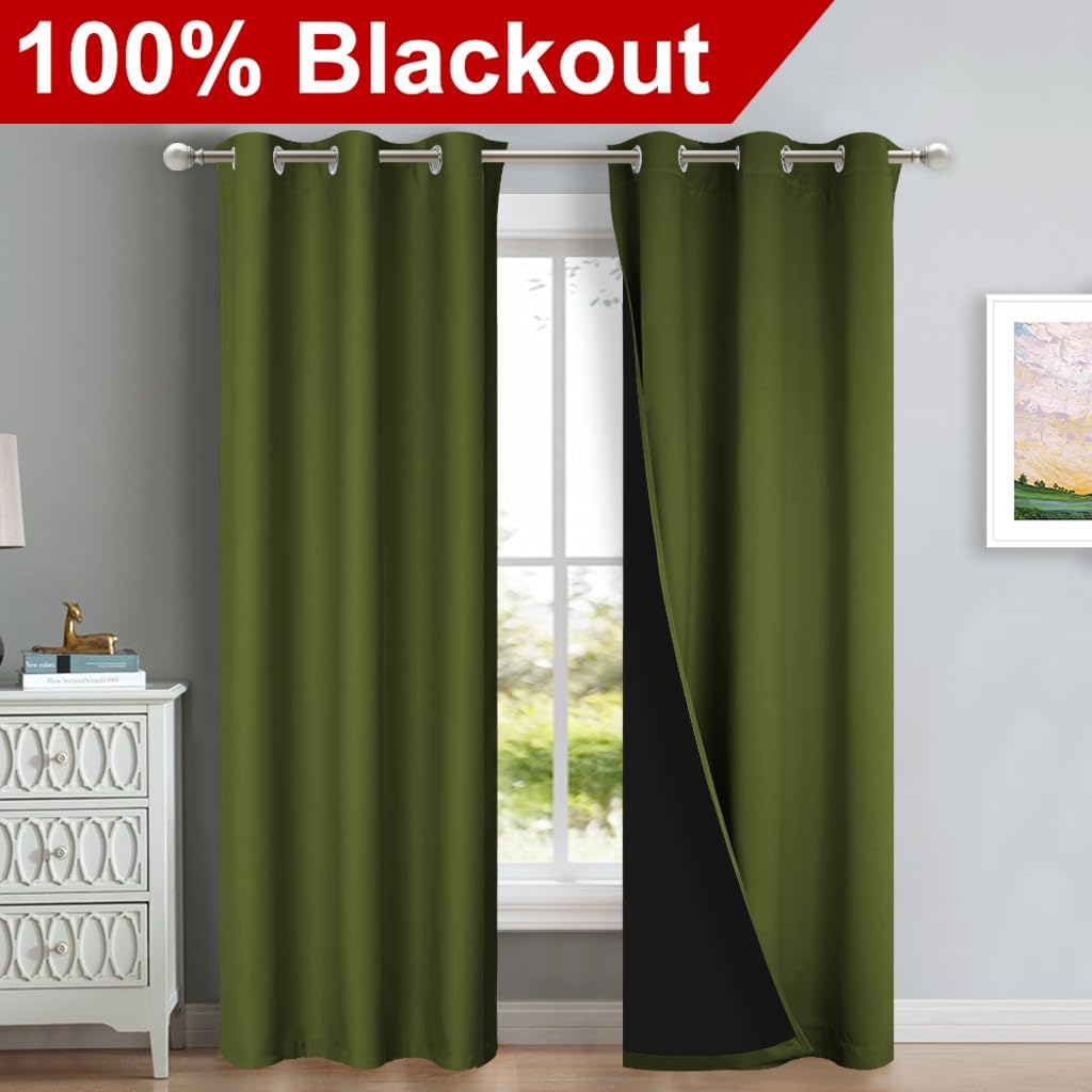 NICETOWN Olive Green Full Shade Curtain Panels, 37" Wide x 80" Long, Olive Green, Pair of Thermal Insulated & Energy Efficiency Blackout Drapes for Living Room, Lined Silky Performance Window Dressing