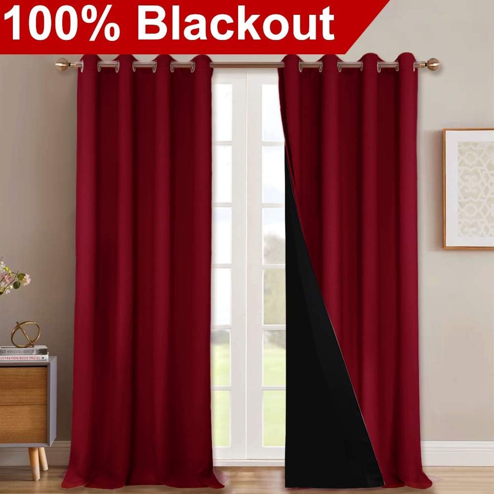 NICETOWN 100% Blackout Blinds, Set of 2, 46" x 102", Burgundy Red, Laundry Room Decor Window Treatment Curtains for Large Patio Sliding Door, Thermal Insulated Curtains for Bedroom